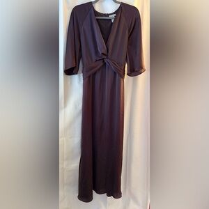 H&M Women’s Eggplant Satin Wrap Dress V-Neck, 3/4 Sleeve, Tie Belt Waist; Size L